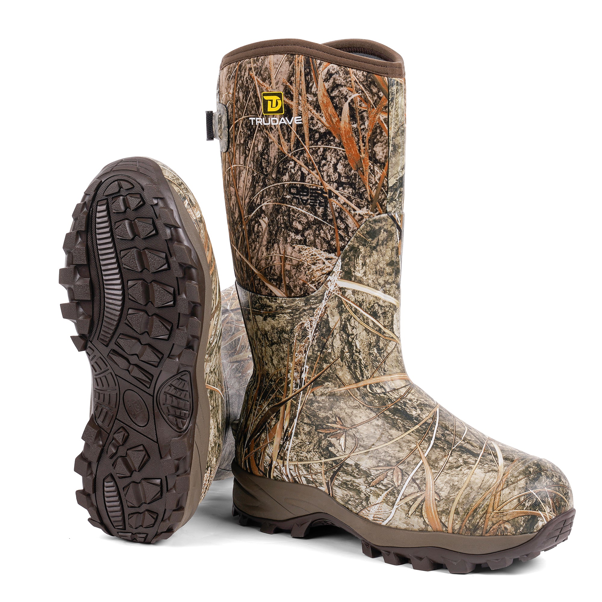 alt="Side view of Trudave TrailGuard Series men’s tall waterproof insulated hunting boots in Real Reed color showing durable rubber construction, rugged tread sole, and insulated design for warmth and waterproof protection in outdoor hunting conditions"
